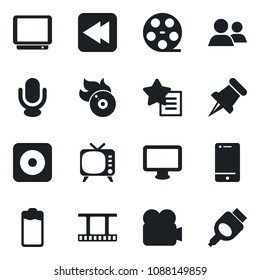 Set of vector isolated black icon - film frame vector, reel, flame disk, tv, video camera, microphone, cell phone, monitor, group, favorites list, paper pin, battery, rewind, rec button, hdmi