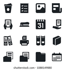 Set of vector isolated black icon - book vector, office binder, coffee, document, printer, folder, gallery, calendar, news, blank box, checklist, stapler