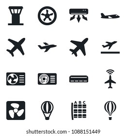 Set of vector isolated black icon - plane vector, airport tower, radar, departure, seat map, air conditioner, fan, balloon