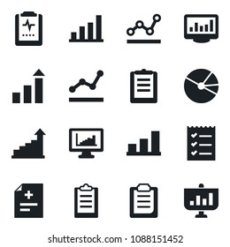Set of vector isolated black icon - growth statistic vector, diagnosis, pulse clipboard, monitor statistics, bar graph, pie, checklist, point, presentation