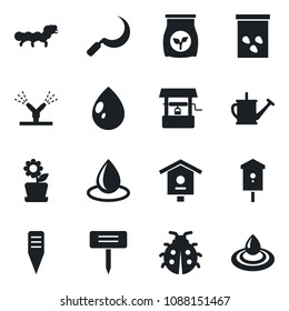 Set of vector isolated black icon - watering can vector, lady bug, water drop, well, sickle, plant label, seeds, caterpillar, bird house, fertilizer, flower in pot, irrigation