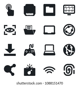 Set of vector isolated black icon - bomb in case vector, notebook pc, monitor pulse, gamepad, network, touch screen, share, hdmi, folder, download, wireless, document, eye scan, fingerprint