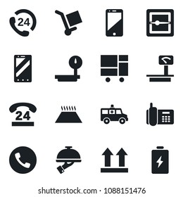 Set of vector isolated black icon - phone vector, mobile, ambulance car, office, 24 hours, consolidated cargo, up side sign, heavy scales, cell, scanner, waiter, warm floor, battery