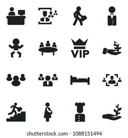 Set of vector isolated black icon - vip vector, baby, bed, team, meeting, manager place, pregnancy, group, hr, career ladder, waiter, cook, palm sproute