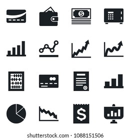 Set of vector isolated black icon - credit card vector, safe, abacus, cash, receipt, bar graph, pie, point, contract, wallet, growth, crisis, presentation