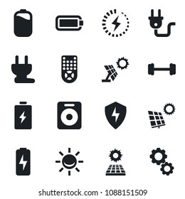 Set of vector isolated black icon - barbell vector, remote control, speaker, protect, battery, charge, sun panel, power plug, alarm led, gear