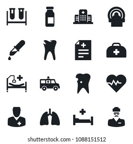 Set of vector isolated black icon - heart pulse vector, doctor case, diagnosis, blood test vial, dropper, ampoule, tomography, ambulance car, hospital bed, lungs, caries