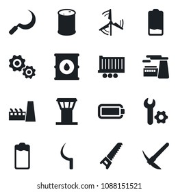 Set of vector isolated black icon - airport tower vector, factory, saw, sickle, truck trailer, oil barrel, battery, low, root setup, windmill, gear, hard work