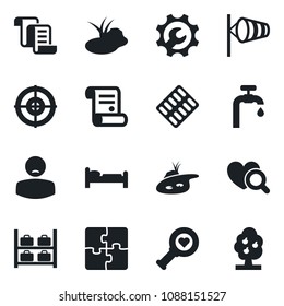 Set of vector isolated black icon - bed vector, wind, luggage storage, contract, pond, heart diagnostic, pills blister, patient, application, root setup, target, water supply, fruit tree