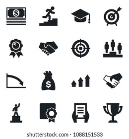 Set of vector isolated black icon - pedestal vector, medal, graduate, money bag, document, sertificate, target, career ladder, arrow up graph, handshake, crisis, cash, award cup