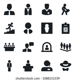 Set of vector isolated black icon - male vector, reception, manager, team, doctor, speaker, identity card, support, meeting, career ladder, estate agent, waiter, dress code