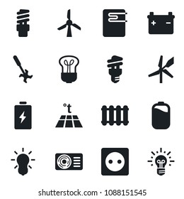 Set of vector isolated black icon - ripper vector, battery, air conditioner, socket, water heater, radiator, warm floor, bulb, energy saving, windmill, idea