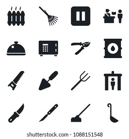 Set of vector isolated black icon - passport control vector, security gate, safe, trowel, farm fork, rake, pruner, saw, hoe, garden knife, scalpel, oil barrel, pause button, heater, dish, ladle