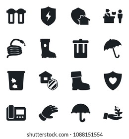 Set of vector isolated black icon - passport control vector, umbrella, trash bin, glove, boot, hose, heart shield, protect, estate insurance, intercome, water filter, home, palm sproute