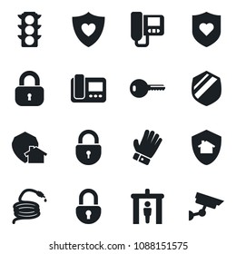 Set of vector isolated black icon - security gate vector, lock, glove, hose, heart shield, traffic light, key, intercome, home protect, surveillance