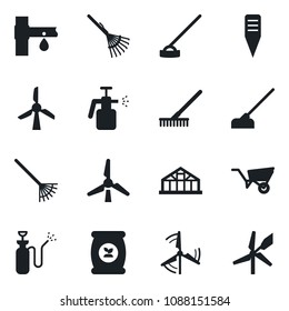 Set of vector isolated black icon - rake vector, wheelbarrow, hoe, plant label, greenhouse, garden sprayer, fertilizer, drip irrigation, windmill