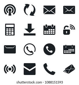 Set of vector isolated black icon - phone vector, mail, calendar, call, update, download, calculator, wireless lock