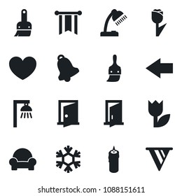 Set of vector isolated black icon - left arrow vector, heart, tulip, themes, bell, desk lamp, cushioned furniture, candle, snowflake, outdoor, door, pennon