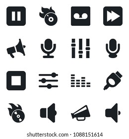 Set of vector isolated black icon - flame disk vector, loudspeaker, settings, equalizer, microphone, pause button, stop, fast forward, hdmi, tuning, record, sound