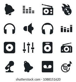 Set of vector isolated black icon - flame disk vector, microphone, radio, speaker, equalizer, headphones, rec button, tuning, bell, record, music