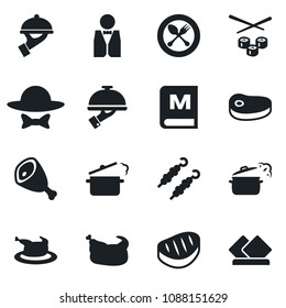 Set of vector isolated black icon - spoon and fork vector, waiter, menu, dress code, chicken, steak, kebab, ham, steaming pan, sushi, serviette