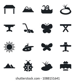 Set of vector isolated black icon - sun vector, lawn mower, butterfly, lady bug, pond, picnic table, pool, mountains, restaurant