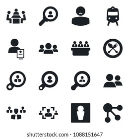 Set of vector isolated black icon - spoon and fork vector, train, male, meeting, patient, group, hr, client search, consumer, social media