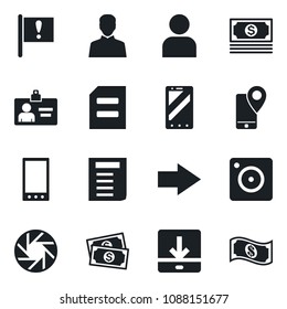 Set of vector isolated black icon - right arrow vector, mobile phone, identity card, document, important flag, cash, tracking, camera, user, download