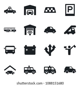 Set of vector isolated black icon - dispatcher vector, taxi, airport bus, parking, alarm car, ladder, ambulance, route, delivery, garage, gate control, battery