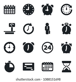 Set of vector isolated black icon - 24 around vector, alarm clock, calendar, heavy scales, stopwatch, manager, schedule, sand