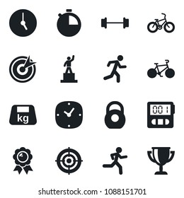 Set of vector isolated black icon - pedestal vector, medal, barbell, bike, run, heavy, clock, stopwatch, target, award cup