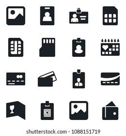 Set of vector isolated black icon - credit card vector, identity, medical calendar, gallery, sd, sim, wine, pass, wallet