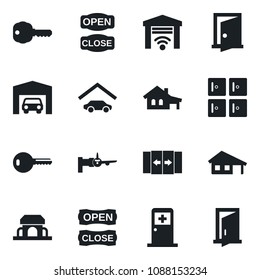 Set of vector isolated black icon - automatic door vector, boarding, medical room, checkroom, house with garage, key, cafe building, open close, gate control