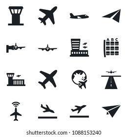 Set of vector isolated black icon - plane vector, airport tower, runway, radar, departure, arrival, boarding, seat map, globe, building, paper
