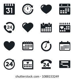 Set of vector isolated black icon - 24 around vector, calendar, heart, medical, hours, clock, schedule