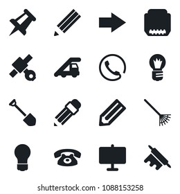 Set of vector isolated black icon - right arrow vector, ladder car, drawing pin, bulb, job, pencil, rake, satellite, hdmi, presentation board, phone, rolling