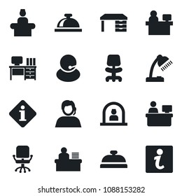 Set of vector isolated black icon - reception bell vector, office chair, desk, manager place, support, lamp, information