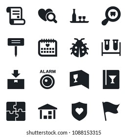 Set of vector isolated black icon - contract vector, lady bug, plant label, blood test vial, heart diagnostic, shield, medical calendar, warehouse, package, search cargo, application, alcohol, flag