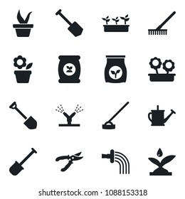 Set of vector isolated black icon - job vector, flower in pot, shovel, rake, seedling, watering can, pruner, hoe, fertilizer, irrigation