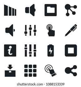 Set of vector isolated black icon - package vector, sorting, settings, touch screen, stop button, menu, folder, charge, pen, sound, information, social media