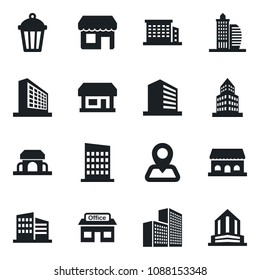 Set of vector isolated black icon - office building vector, garden light, navigation, store, city house, cafe, storefront