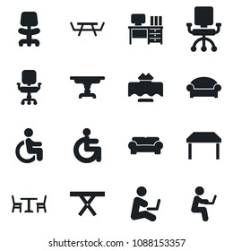 Set of vector isolated black icon - cafe vector, waiting area, office chair, desk, picnic table, disabled, cushioned furniture, restaurant, man with notebook