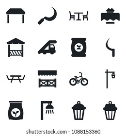 Set of vector isolated black icon - cafe vector, ladder car, sickle, garden light, picnic table, fertilizer, bike, restaurant, alcove, outdoor lamp