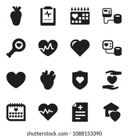 Set of vector isolated black icon - heart vector, pulse, diagnosis, blood pressure, diagnostic, shield, hand, real, medical calendar, clipboard, sweet home