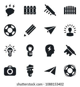 Set of vector isolated black icon - brainstorm vector, bulb, camera, pencil, fence, rolling pin, energy saving, shining head, idea, paper plane, crisis management