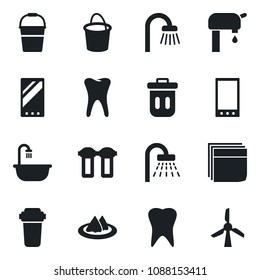 Set of vector isolated black icon - shower vector, bucket, tooth, mobile, blank box, water supply, bathroom, serviette, filter, trash bin, windmill