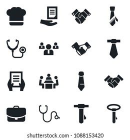 Set of vector isolated black icon - handshake vector, team, tie, document, stethoscope, meeting, cook hat, case