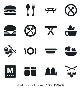 Set of vector isolated black icon - spoon and fork vector, picnic table, cafe, menu, salad, salt pepper, hamburger, bowl, sushi