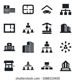 Set of vector isolated black icon - hierarchy vector, well, hospital, office building, garage, plan