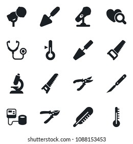 Set of vector isolated black icon - trowel vector, pruner, saw, stethoscope, blood pressure, thermometer, heart diagnostic, microscope, scalpel, microphone